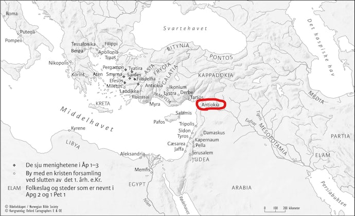 Kart over byene rundt Middelhavet, med Antiokia i fokus