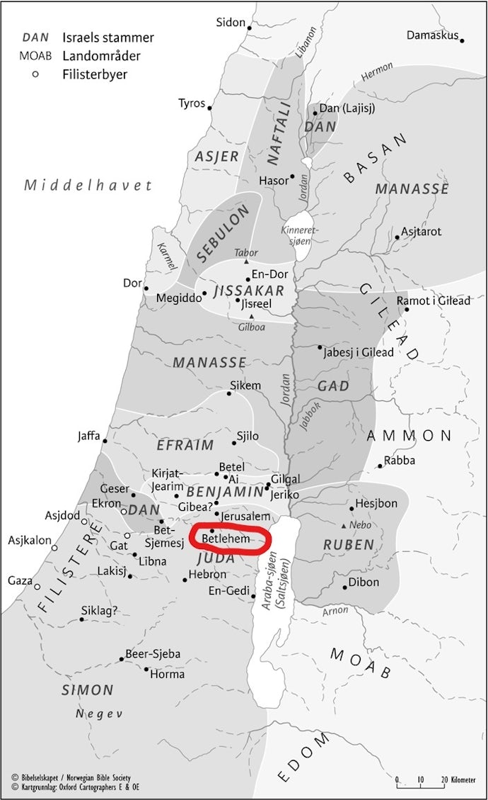 Kart over Israel med sine tolv stammer. Betlehem i fokus