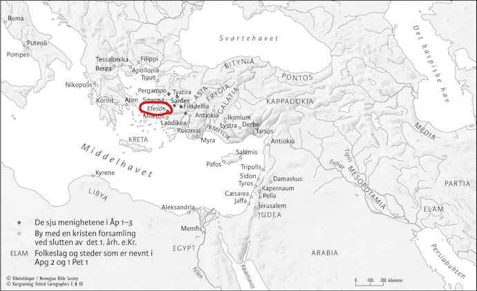 Kart over byene rundt Middelhavet, med Efesos i fokus