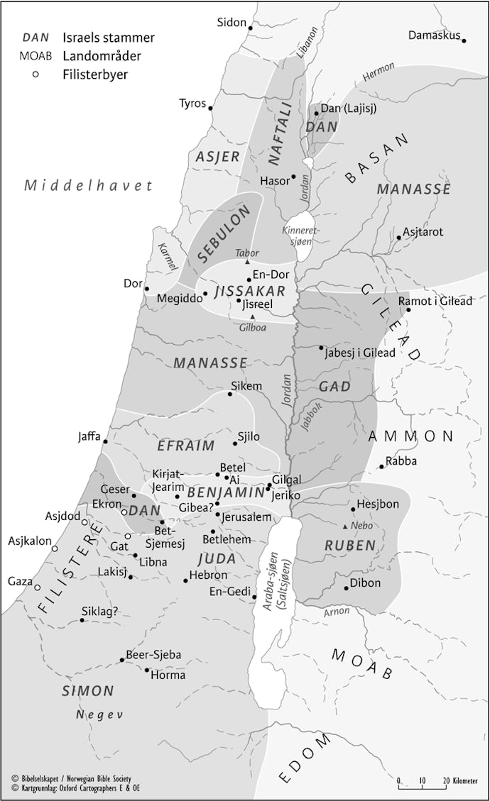 Kart med oversikt over Israels tolv stammer