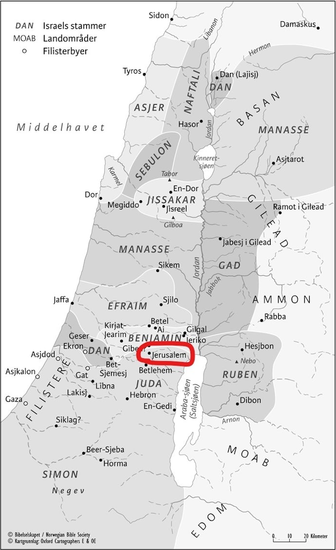 Kart over Israel med sine tolv stammer. Jerusalem i fokus