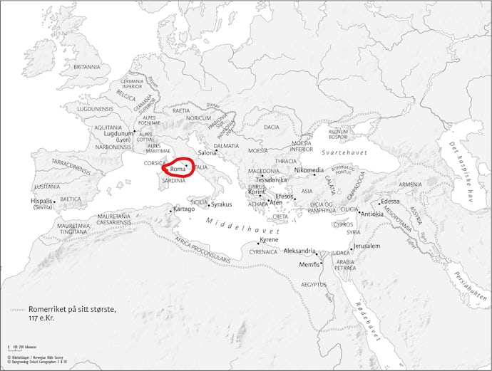 Kart over Romerriket på Jesu tid. Roma i fokus