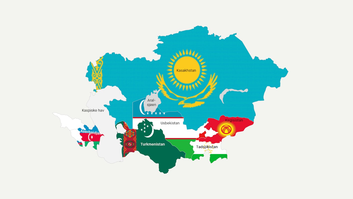 Kart med oversikt over landene i Sentral-Asia. Hvert land er markert med landets flagg