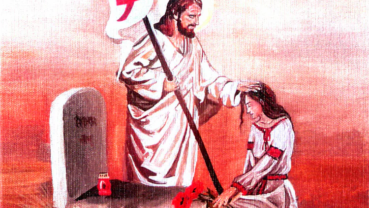 Håndmalt kort som viser Jesus og en kvinne ved graven, jorden under dem er rød - over er himmelen hvit.