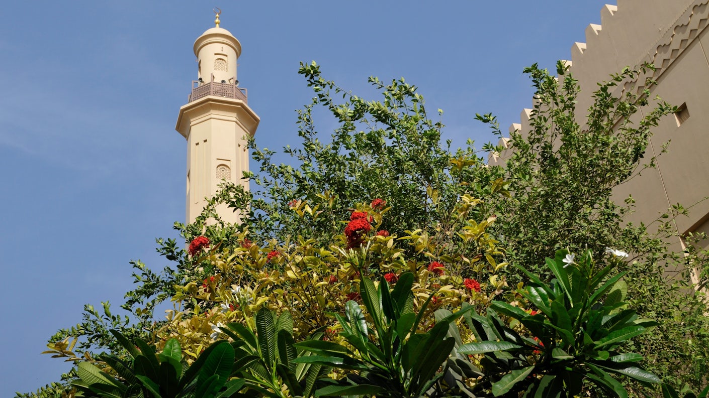 Minaret med busker foran