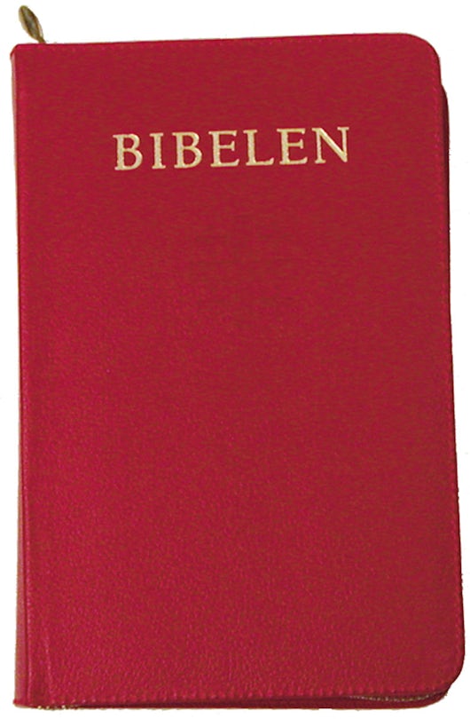 Bibelen 1978, raudt skinn m/glidelås, liten nyn
