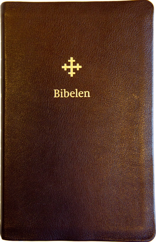 Bibel 2011, stor utgåve, mørkbrunt skinn med register